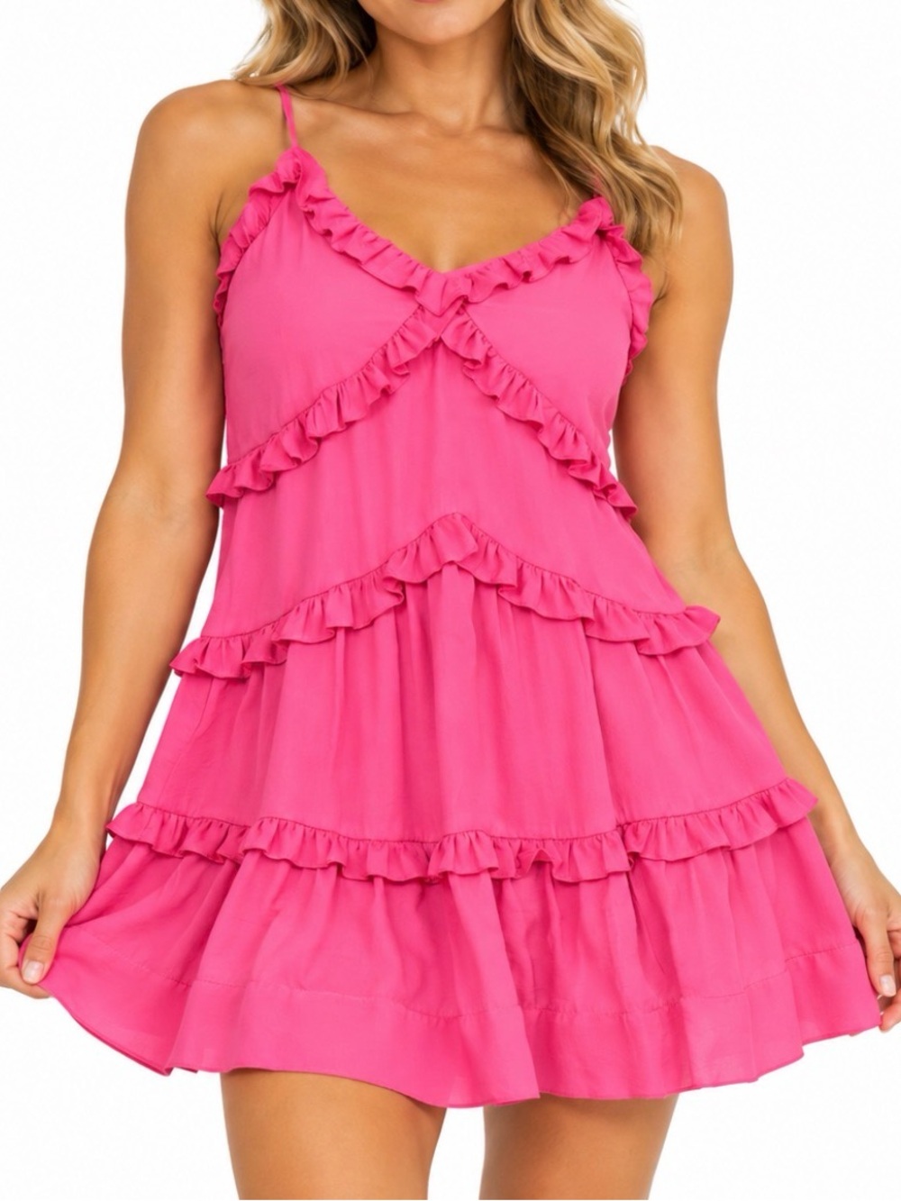 Rebecca Minkoff Pink Ruffle Tiered Sundress babydoll spaghetti strap flowy SZ XS